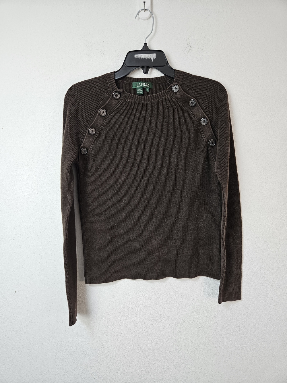 Lauren Ralph Lauren Women’s Button-Shoulder Brown Knit Sweater Size Medium